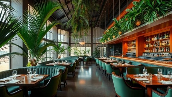 Luxurious fine dining restaurant with green decor and elegant ambiance.