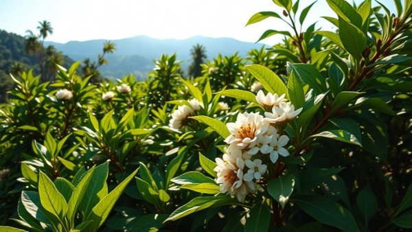 Coffee plants in bloom under bright sun, lush mountain background.
