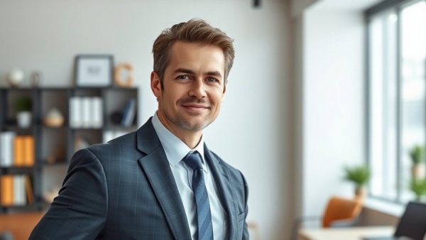 Confident professional male in suit at modern AI-driven hotels office.
