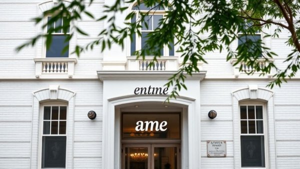 White brick building facade with 'âme' sign