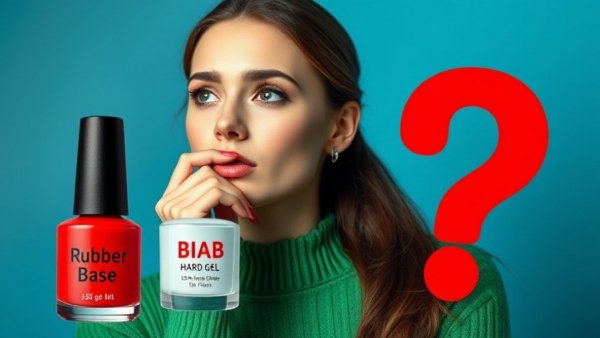Difference Between Rubber Base and BIAB: Woman thinking with nail products and question mark.