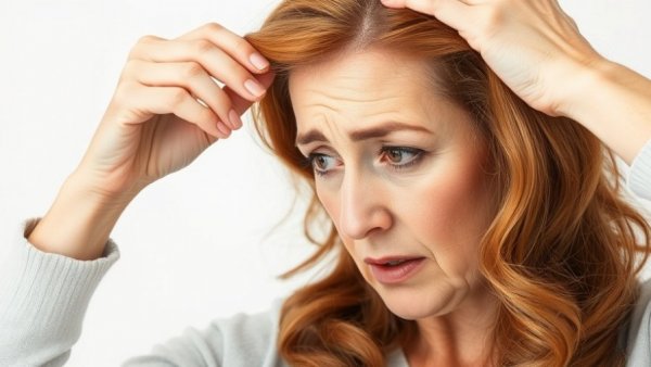 Concerned woman examining her scalp for hair loss.