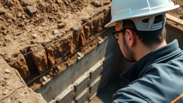 Worker at construction site evaluating foundation methods