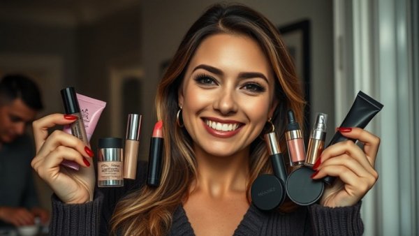 Woman showcasing quick fall lip combo products in warm lighting.
