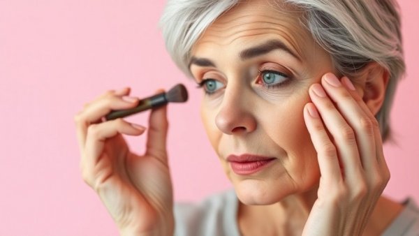 Woman applying under-eye concealer for mature skin.