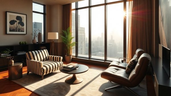 Modern living room featuring stylish decor and large windows.