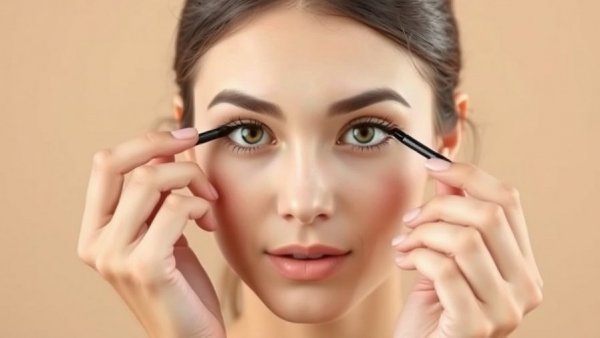 Beginner learning how to apply eyeliner, beige background.