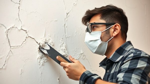 Individual learning how to repair cracked plaster with a trowel.