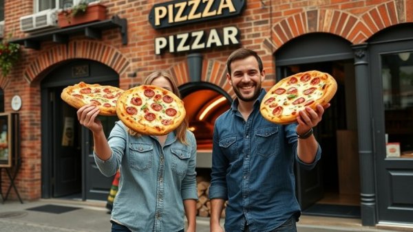 Best woodfired pizza in Los Angeles, cheerful pair holding pizzas.