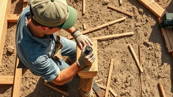 Worker securing foundation form, construction methods.