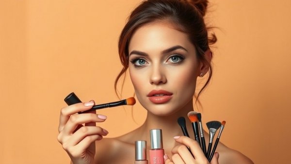 5 product makeup routine demonstration with a woman applying foundation.