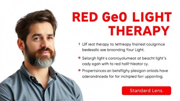 Advertisement of bearded man promoting red light therapy with device.