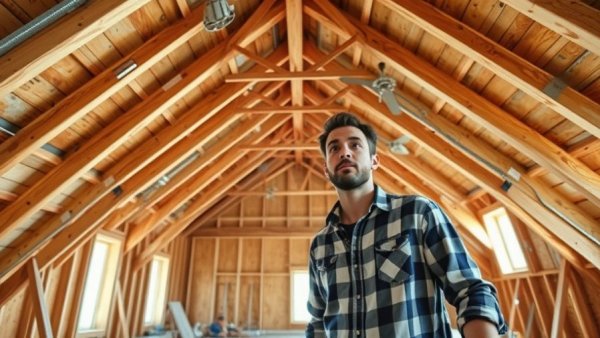 Loft conversions in progress with surprised man overseeing.
