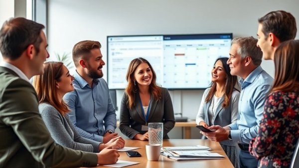 Group discussing social media marketing strategy in modern office.