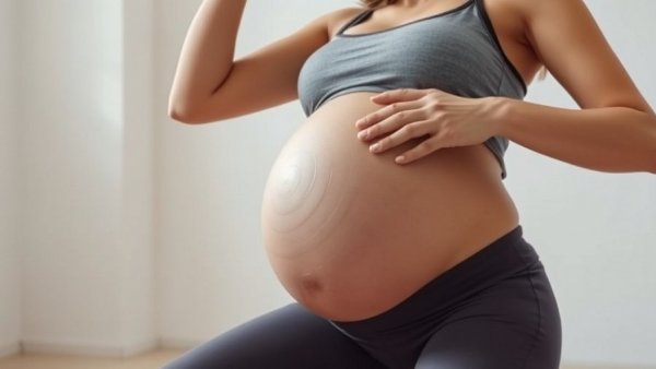 Pregnant woman practicing birth ball exercises in third trimester indoors.
