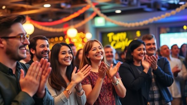 Casual group in festive indoor setting with warm lighting.