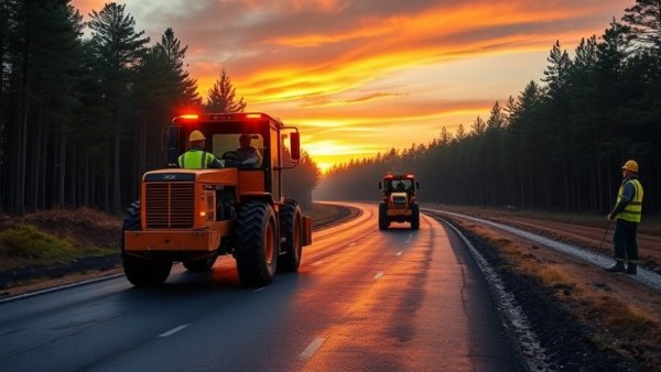 Construction workers operating machinery on asphalt road at sunset. OSHA proposed changes construction safety.