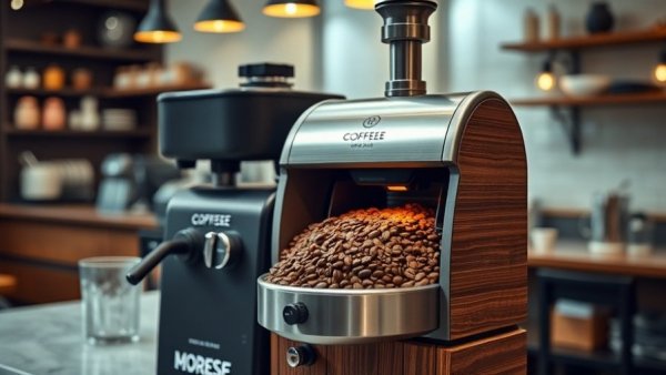 Modern electric sample roaster in a café setting.