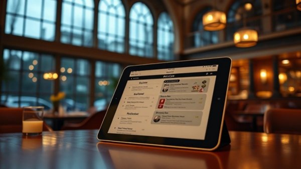 Hotel service app on tablet in elegant dining room, showcasing mobile hotel service technology.