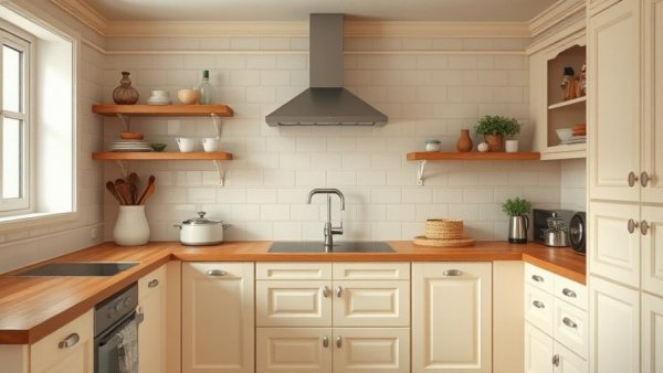 Elegant kitchen extension in London featuring cream cabinets and wooden surfaces.