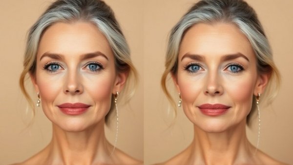 Side-by-side makeup transformation for a youthful over 40 look.
