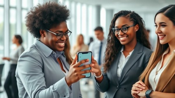 Diverse professionals using a smartphone for chatbot customer survey, modern office scene.