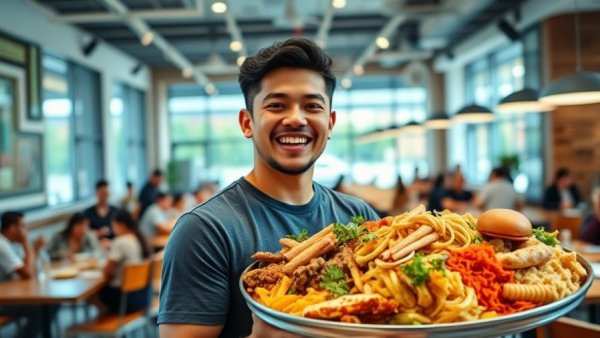 Best burger bars near me: Person joyfully presenting large food tray in a bustling restaurant.