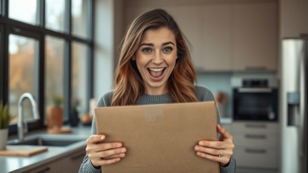 Woman opening package in kitchen, healthy pregnancy diet.