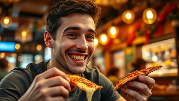 Smiling young man enjoys best pizza in Naples, warm dining vibe.