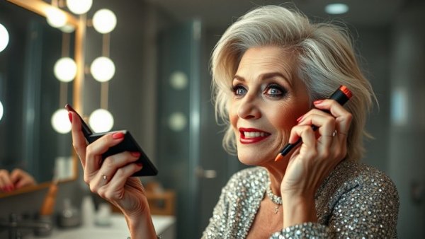 Stylish older woman demonstrating makeup tips, best blush shades for mature skin.