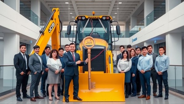 JCB backhoe loader milestone celebration with group and key.