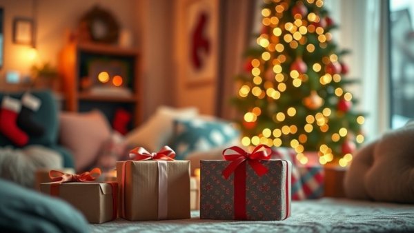 Festive gifts and laptop promoting affiliate marketing from home.