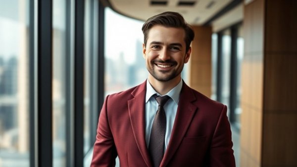 Confident man in urban office setting, soft lighting.