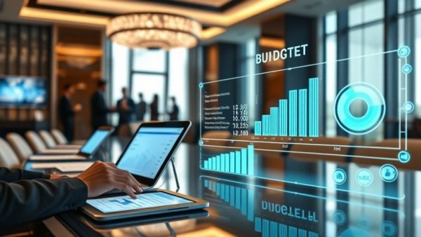 Budgeting with guest data in hotels scene, featuring digital tools.