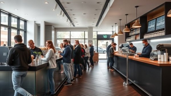 Flatiron Coffee Bar Portland with patrons ordering in trendy setting.