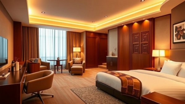 Luxurious hotel suite with modern decor and warm lighting.