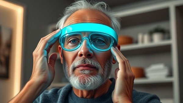 Man using red light therapy mask for skincare, focused expression, indoor setting.