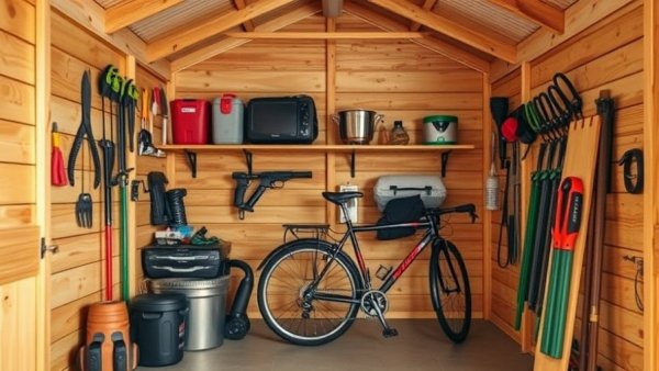 Efficiently organized multipurpose garden room with tools and bikes.