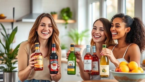 Cheerful women displaying canned wines for charity in bright kitchen.