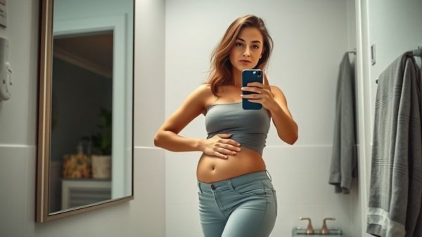Postpartum transformation progress, woman in bathroom mirror selfie.