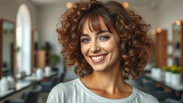 Curly hair with bangs styles transformation 2026 in a salon.