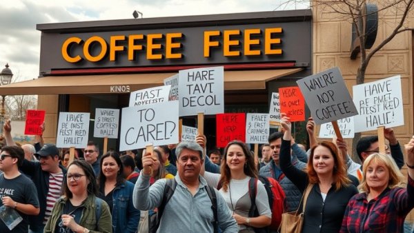 Starbucks workers holding protest signs during a strike at sunset.