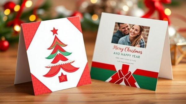 Modern foldable Christmas card with geometric patterns and family photo template