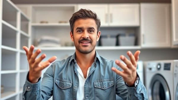 Man explaining in modern laundry room, protective coatings for buildings