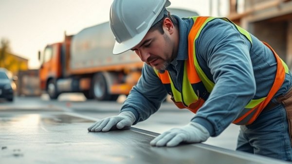 Construction worker demonstrating foundation construction methods with wet concrete.
