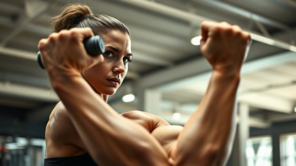 Focused woman performing exercises to lift breasts naturally in gym.