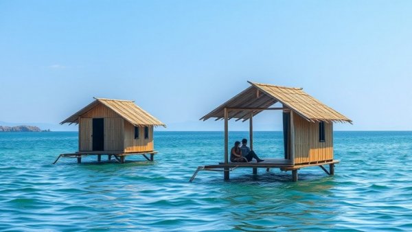 Traditional floating bamboo homes on water, serene daylight scene.