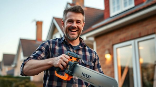 DIY home extensions: enthusiastic man with power saw in front of a suburban house.