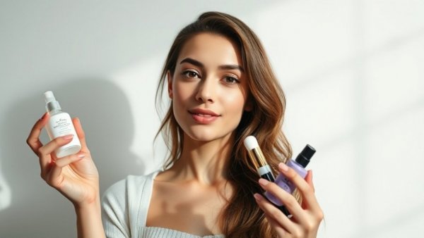 Young woman showcasing makeup skincare routine products.