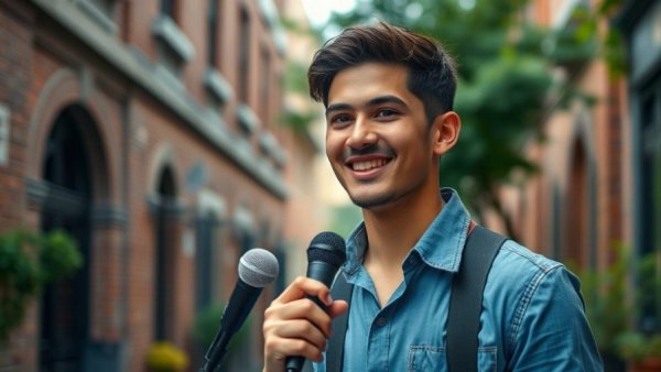 Young man discussing best dining spots outdoors.
